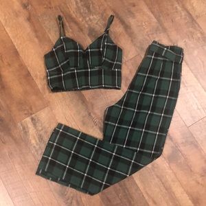 Romwe Green Plaid Cropped Set with Removable Belt